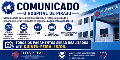 FOLHA DE PAGAMENTO DO HOSPITAL SERÁ FEITA  NESTA QUINTA 18 DE JUNHO